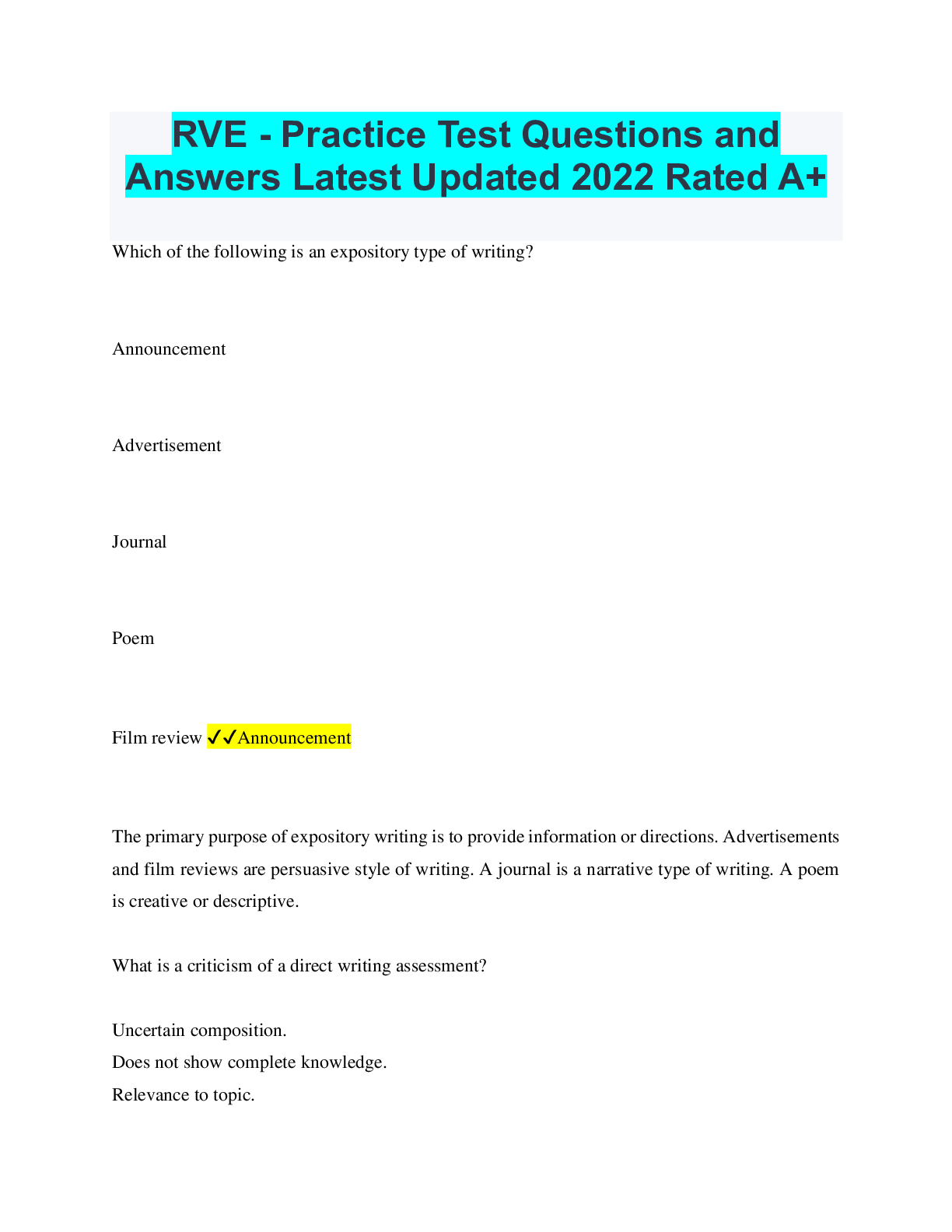 Preview image for RVE - Practice Test Questions and Answers Latest Updated 2022 Rated A+